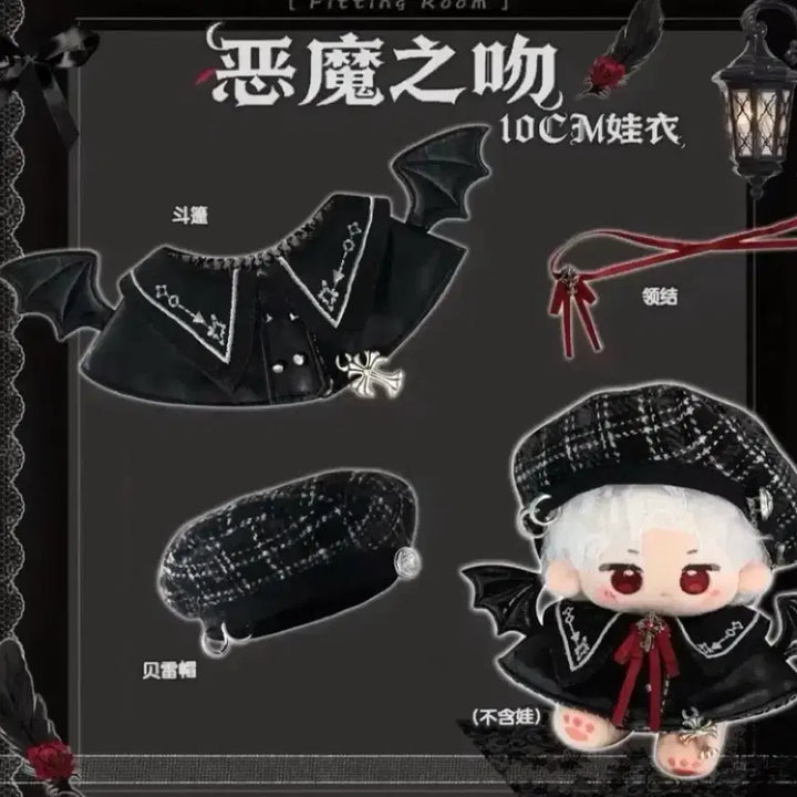 [BUNJANG] 10cm Doll Clothes Black Devil Plaid Beret Set / 10cm 인형옷 솜인형옷 누이 의상 블랙 악마 체크 베레모 세트