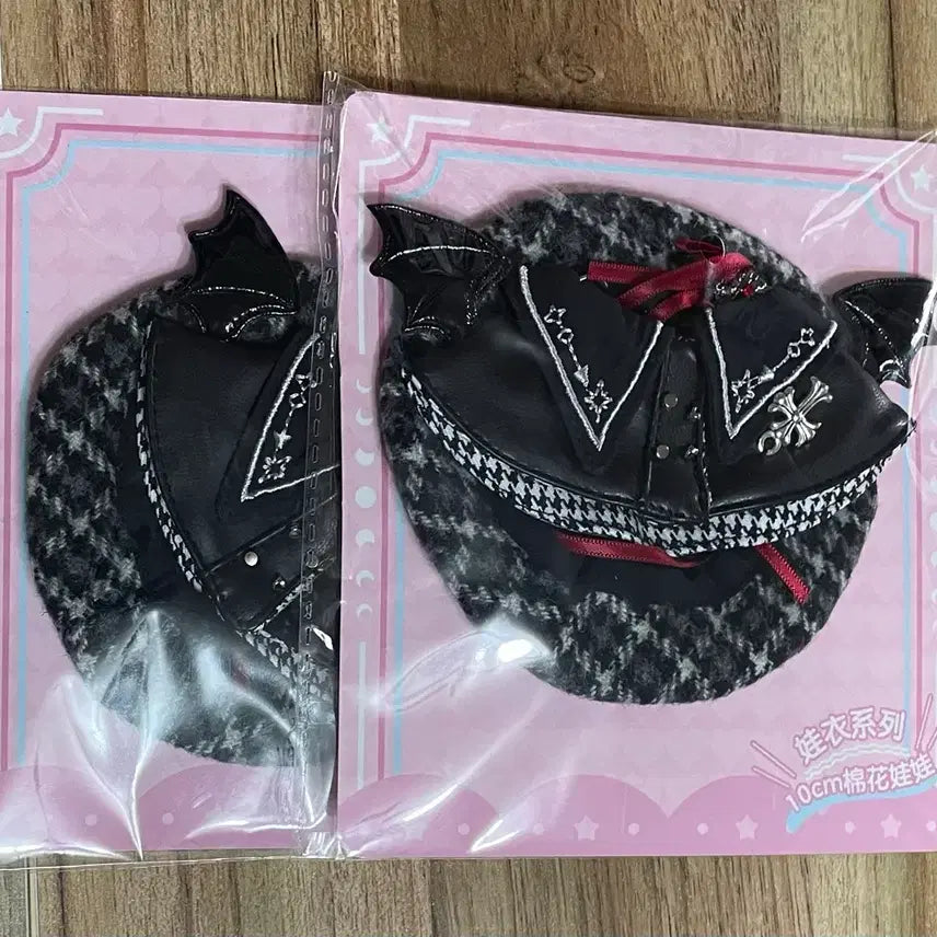 [BUNJANG] 10cm Doll Clothes Black Devil Plaid Beret Set / 10cm 인형옷 솜인형옷 누이 의상 블랙 악마 체크 베레모 세트