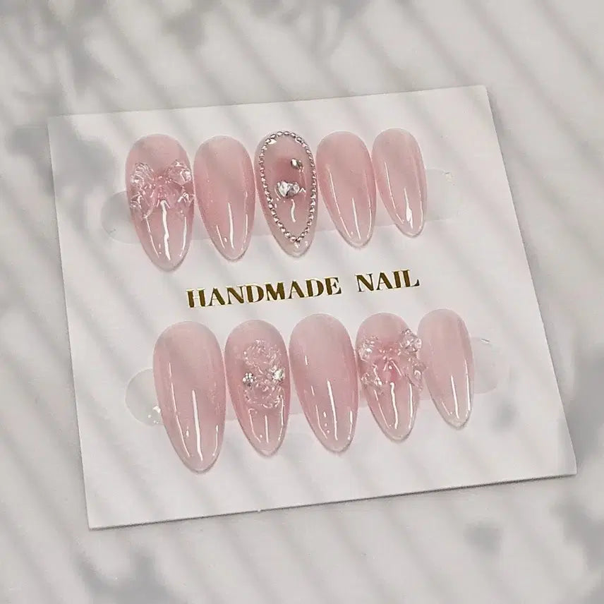 [BUNJANG] Handmade Nail Tips with Spring Flower Yogurt Gel, Ribbon, and Cubic Accents / 수제 네일팁