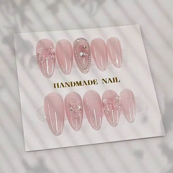 [BUNJANG] Handmade Nail Tips with Spring Flower Yogurt Gel, Ribbon, and Cubic Accents / 수제 네일팁