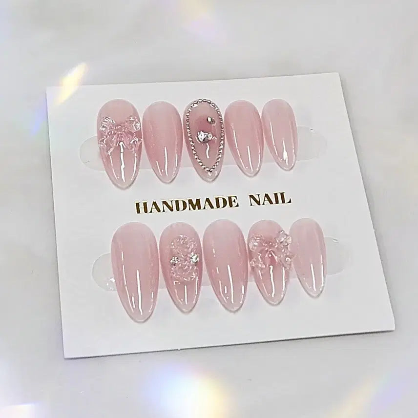 [BUNJANG] Handmade Nail Tips with Spring Flower Yogurt Gel, Ribbon, and Cubic Accents / 수제 네일팁