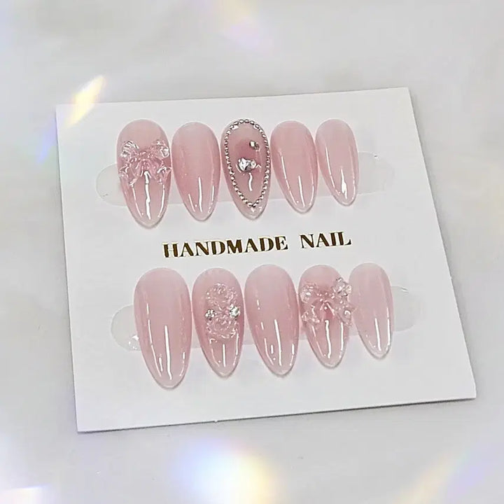 [BUNJANG] Handmade Nail Tips with Spring Flower Yogurt Gel, Ribbon, and Cubic Accents / 수제 네일팁