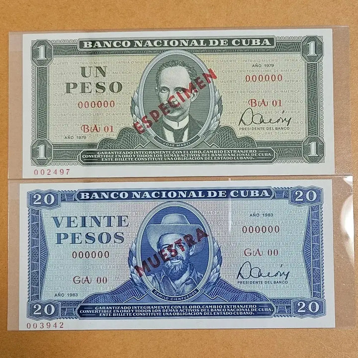 [BUNJANG] Cuba 1979 1 Peso &amp; 1983 20 Peso Specimen Banknotes / 쿠바 1979년1페소 1983년20페소 견양권