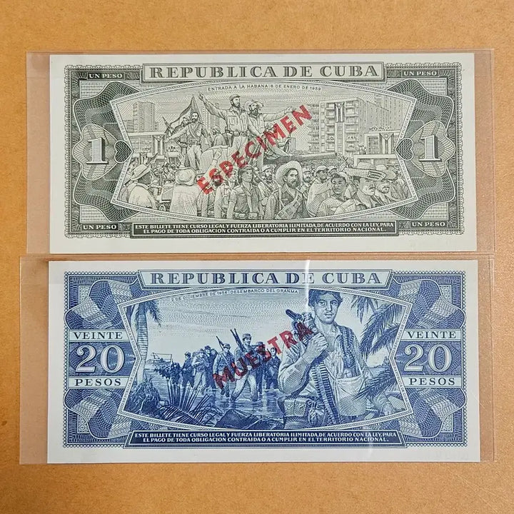 [BUNJANG] Cuba 1979 1 Peso &amp; 1983 20 Peso Specimen Banknotes / 쿠바 1979년1페소 1983년20페소 견양권