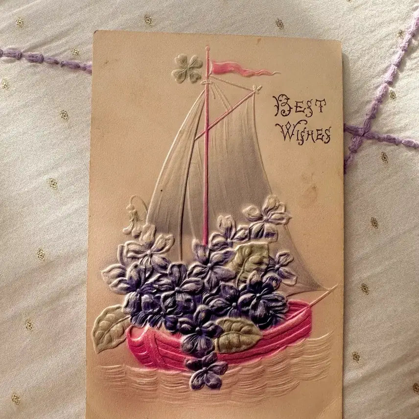 [BUNJANG] Antique Embossed Postcard - Sailing Ships and Flowers / 앤틱 양각엽서  꽃들의 항해