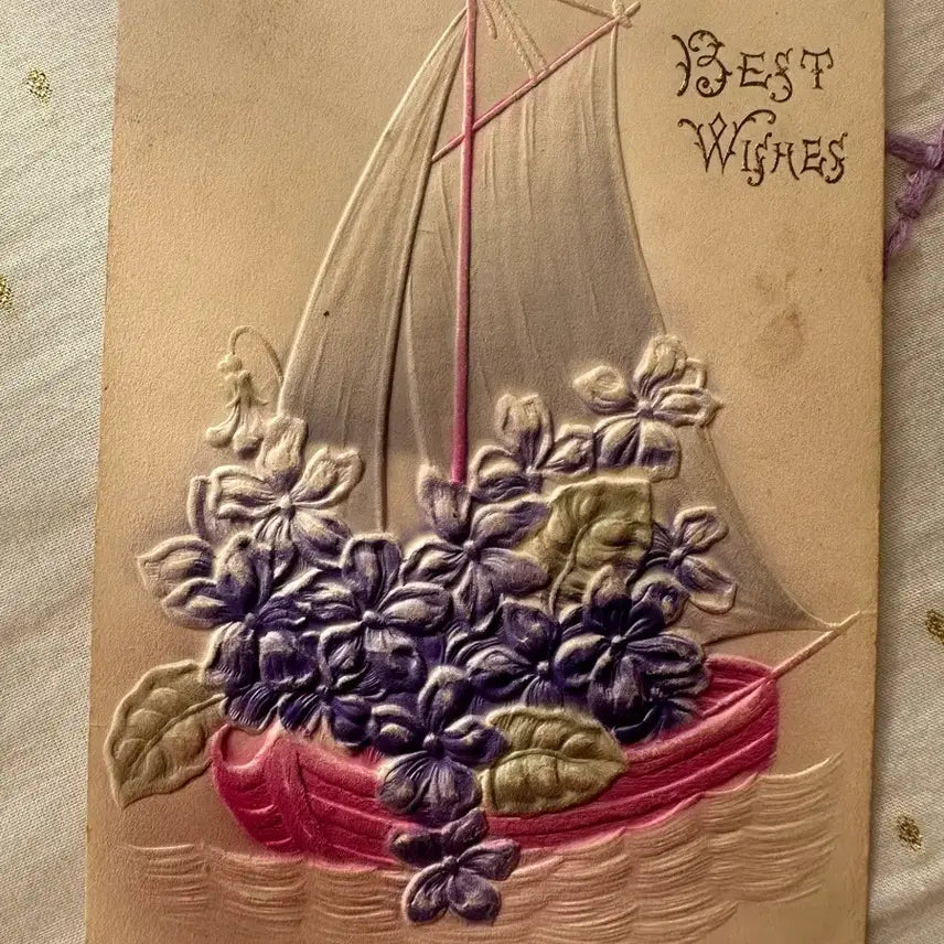[BUNJANG] Antique Embossed Postcard - Sailing Ships and Flowers / 앤틱 양각엽서  꽃들의 항해