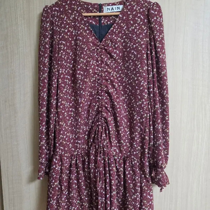 [BUNJANG] Nine Flower Shirring Long Dress Burgundy / 나인 플라워 셔링 롱 원피스 버건디