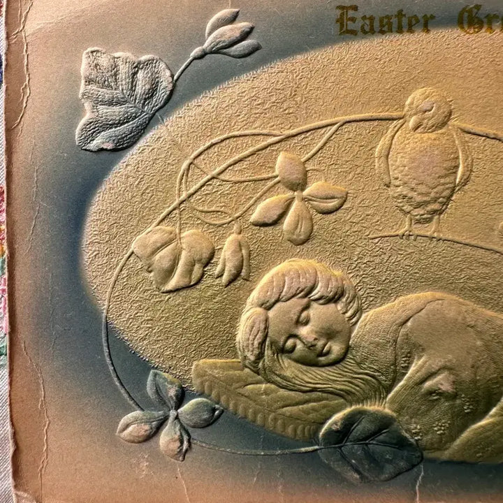 [BUNJANG] Antique Embossed Postcard - Sleeping Woman and Flowers / 앤틱엽서 양각 잠자는 숲속의 여인