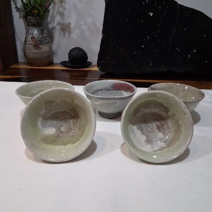 [BUNJANG] Lee Gyeong-hyo Green Glazed Celadon Tea Cups Set of 5 / 장작가마 토곡이경효 녹진사(녹유)차잔5점 .미사용