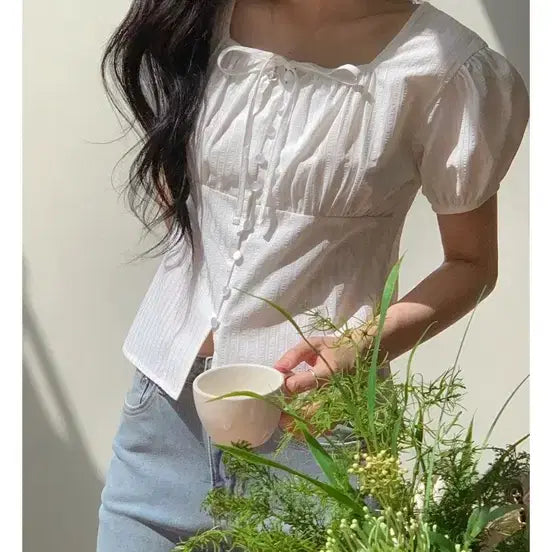 [BUNJANG] Square Neck Short Sleeve Blouse / 스퀘이넥 반팔 블라우스