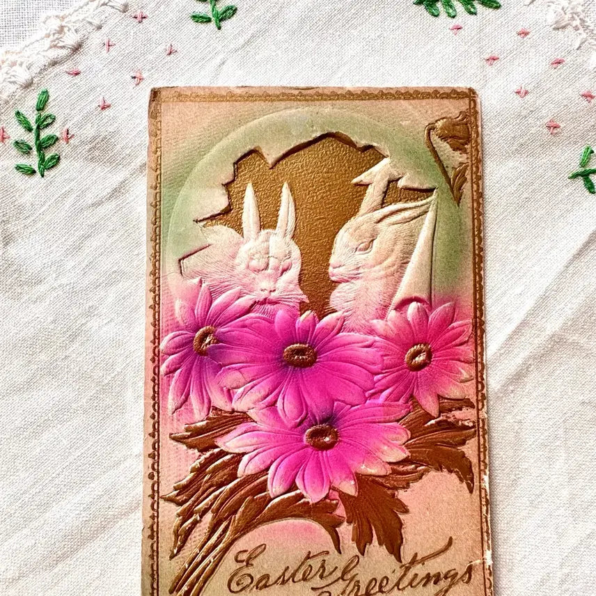 [BUNJANG] Antique Embossed Postcard - Pink Flowers and Rabbits / 앤틱빈티지 양각엽서 핑크꽃과 토끼