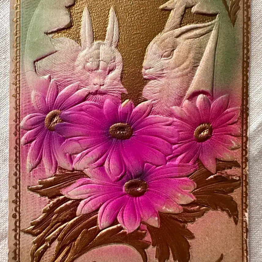 [BUNJANG] Antique Embossed Postcard - Pink Flowers and Rabbits / 앤틱빈티지 양각엽서 핑크꽃과 토끼