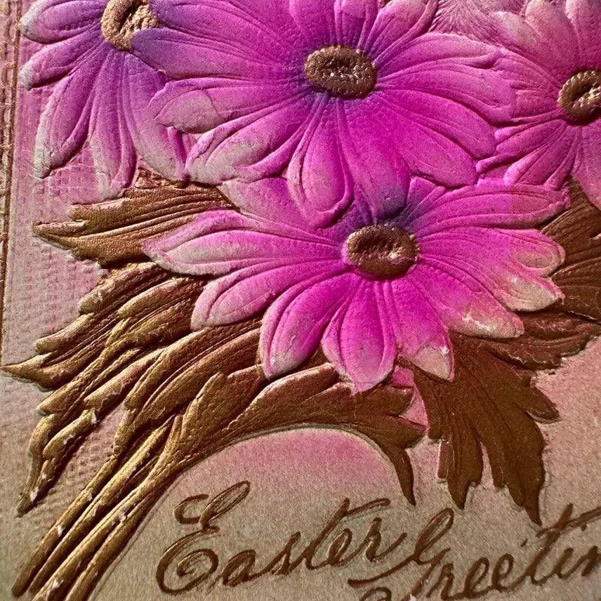 [BUNJANG] Antique Embossed Postcard - Pink Flowers and Rabbits / 앤틱빈티지 양각엽서 핑크꽃과 토끼