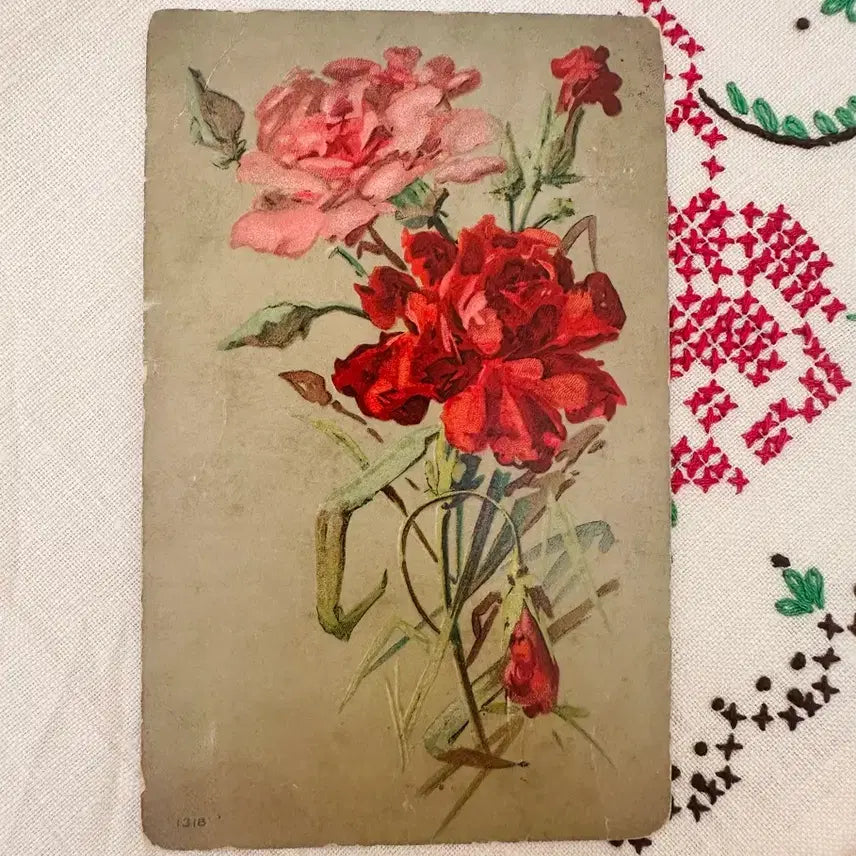 [BUNJANG] Antique Vintage Postcard with Red &amp; Pink Roses / 앤틱빈티지 엽서 레드핑크꽃