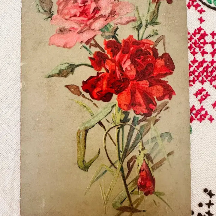 [BUNJANG] Antique Vintage Postcard with Red &amp; Pink Roses / 앤틱빈티지 엽서 레드핑크꽃