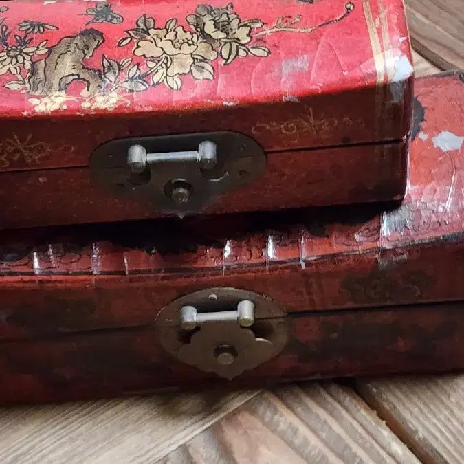 [BUNJANG] Chinese Antique Lacquered Jewelry Box Set (2 pcs) / 중국 근대사 주칠  장식 보석함 2개 세트