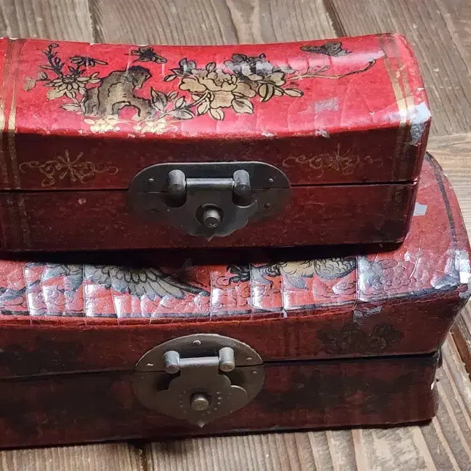 [BUNJANG] Chinese Antique Lacquered Jewelry Box Set (2 pcs) / 중국 근대사 주칠  장식 보석함 2개 세트