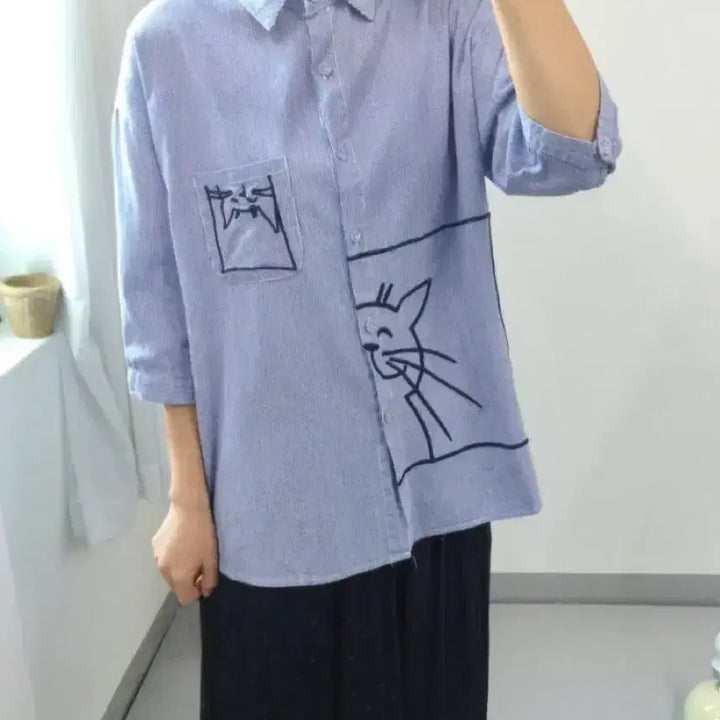 [BUNJANG] Vintage Cat Embroidery Striped 8-Sleeve Shirt / 빈티지 고양이 자수 스트라이프 셔츠 모리노가토 카모메산장 지구네 스즈코