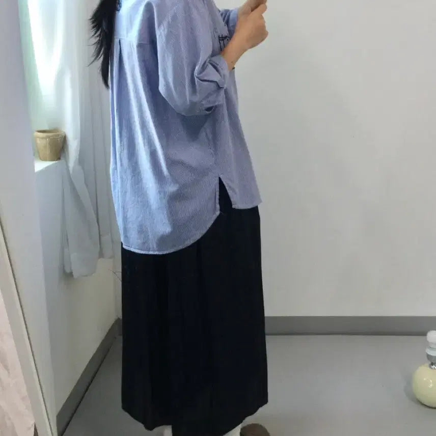 [BUNJANG] Vintage Cat Embroidery Striped 8-Sleeve Shirt / 빈티지 고양이 자수 스트라이프 셔츠 모리노가토 카모메산장 지구네 스즈코