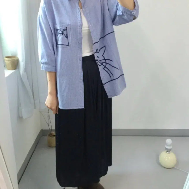 [BUNJANG] Vintage Cat Embroidery Striped 8-Sleeve Shirt / 빈티지 고양이 자수 스트라이프 셔츠 모리노가토 카모메산장 지구네 스즈코