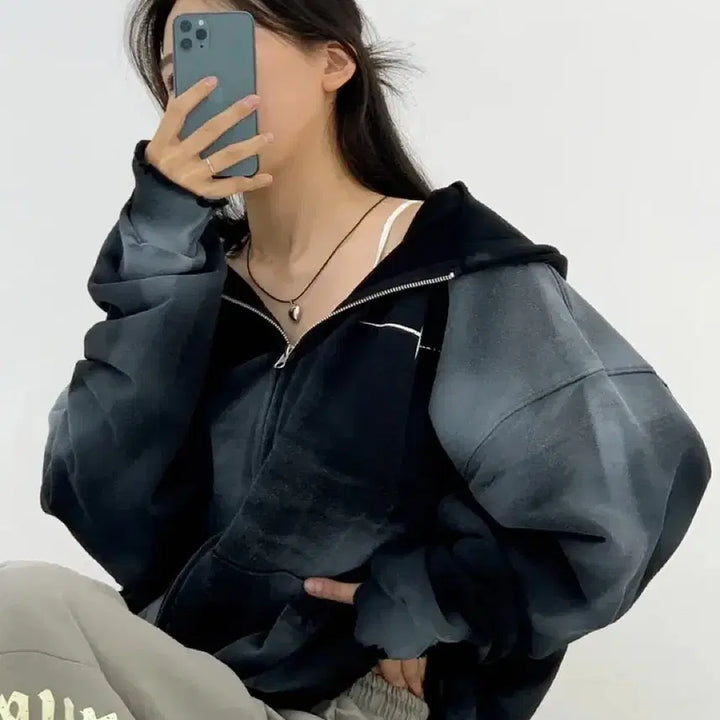 [BUNJANG] Roughwish Tie-Dye Washing Oversized Hoodie Zip-Up (Black) / 에이블리 러프위시 타이다이 워싱 핸드워머 오버핏 후드집업 빅사이즈