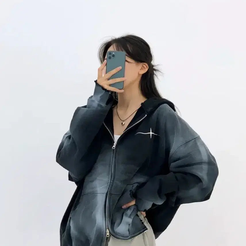 [BUNJANG] Roughwish Tie-Dye Washing Oversized Hoodie Zip-Up (Black) / 에이블리 러프위시 타이다이 워싱 핸드워머 오버핏 후드집업 빅사이즈