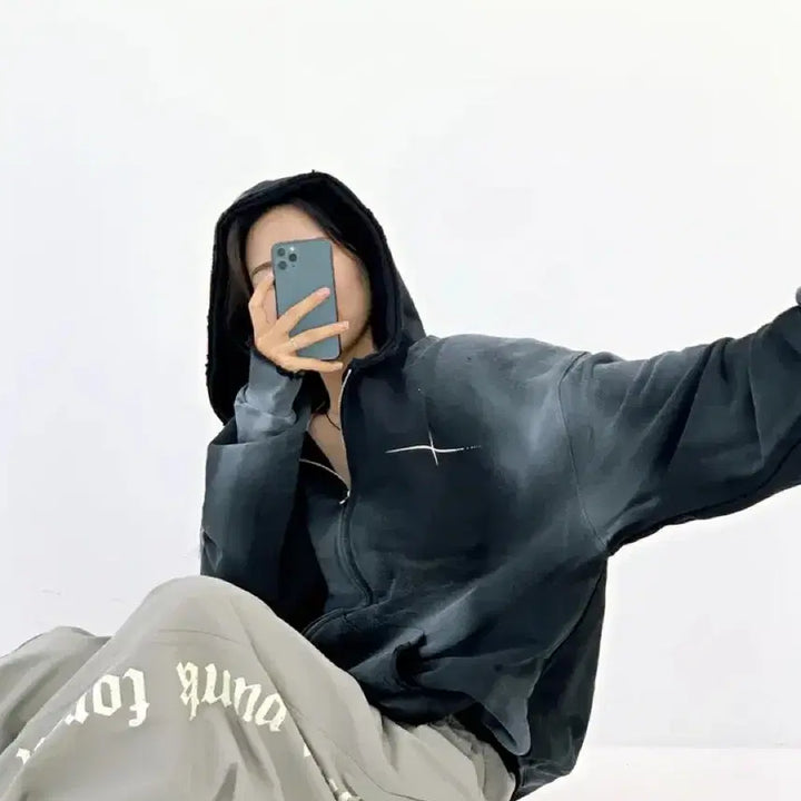 [BUNJANG] Roughwish Tie-Dye Washing Oversized Hoodie Zip-Up (Black) / 에이블리 러프위시 타이다이 워싱 핸드워머 오버핏 후드집업 빅사이즈