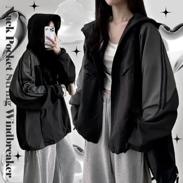 [BUNJANG] The Pink Nak Oversized Color-Block Line Windbreaker Jacket / 에이블리 더핑크 나크 오버핏 포켓 배색 라인 바람막이 윈드 자켓