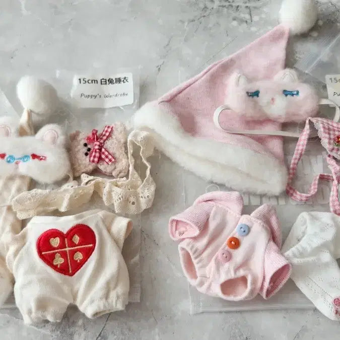 [BUNJANG] 15cm Puppy Closet Pajama Set - White Rabbit &amp; Pink Cat / 무속성 인형옷 15cm 퍼피옷장 흰토끼 분홍고양이 파자마 세트 미사용