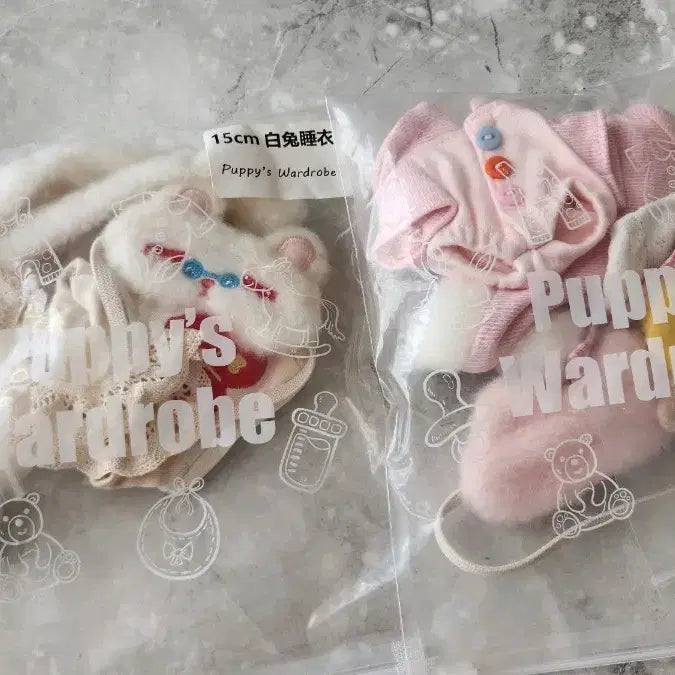 [BUNJANG] 15cm Puppy Closet Pajama Set - White Rabbit &amp; Pink Cat / 무속성 인형옷 15cm 퍼피옷장 흰토끼 분홍고양이 파자마 세트 미사용