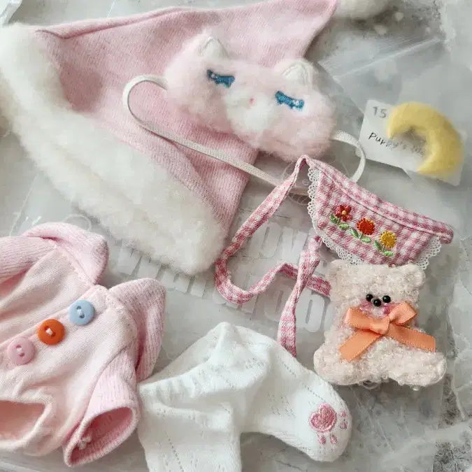[BUNJANG] 15cm Puppy Closet Pajama Set - White Rabbit &amp; Pink Cat / 무속성 인형옷 15cm 퍼피옷장 흰토끼 분홍고양이 파자마 세트 미사용