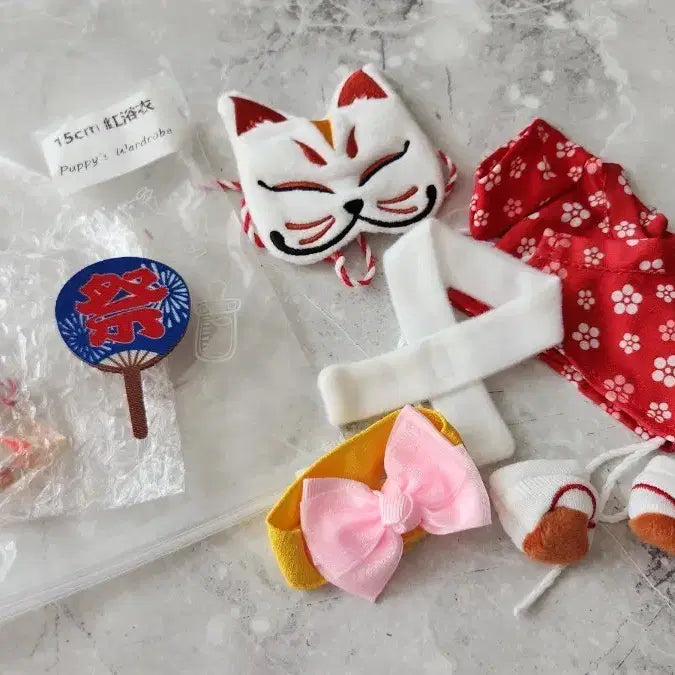 [BUNJANG] 15cm Doll Clothes Puppy Closet Red Yukata Kimono Set / 무속성 인형옷 15cm 퍼피옷장 유카타 기모노 세트 레드 미사용