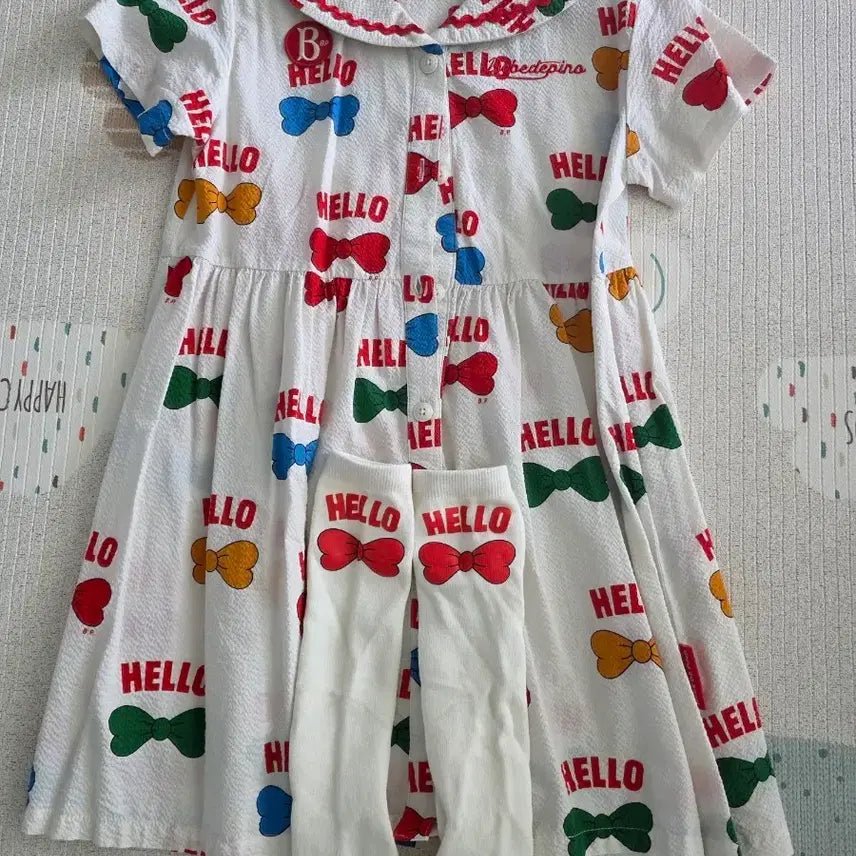[BUNJANG] Bébé de Pino Ribbon Sailor Collar Dress &amp; Knee Socks Set (Size 120) / 베베드피노 리본 세일러 카라 원피스120+니삭스120세트