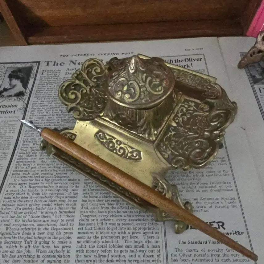 [BUNJANG] Antique Brass Inkwell Pen Tray / 빈티지 앤틱 브라스 잉크웰 펜트레이