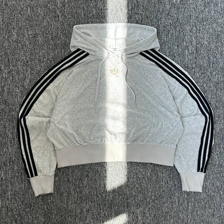 [BUNJANG] Adidas Grey Velvet Firebird Cropped Hoodie M / 아디다스 그레이 벨벳 파이어버드 크롭 후드티