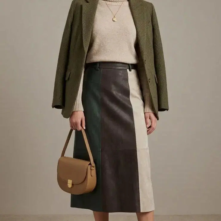 [BUNJANG] TIME Genuine Color Block Leather Midi Skirt Size 25-26 / TIME(타임정품) 포스트모던 배색 가죽스커트25~26