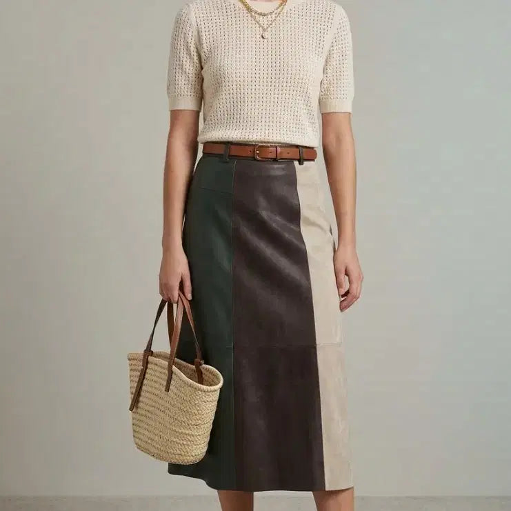 [BUNJANG] TIME Genuine Color Block Leather Midi Skirt Size 25-26 / TIME(타임정품) 포스트모던 배색 가죽스커트25~26