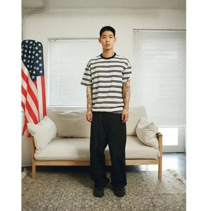 [BUNJANG] Frizmworks Hosu Multi Stripe Short Sleeve T-Shirt Black S / 프리즘웍스 호수 멀티 스트라이프 반팔 블랙 S