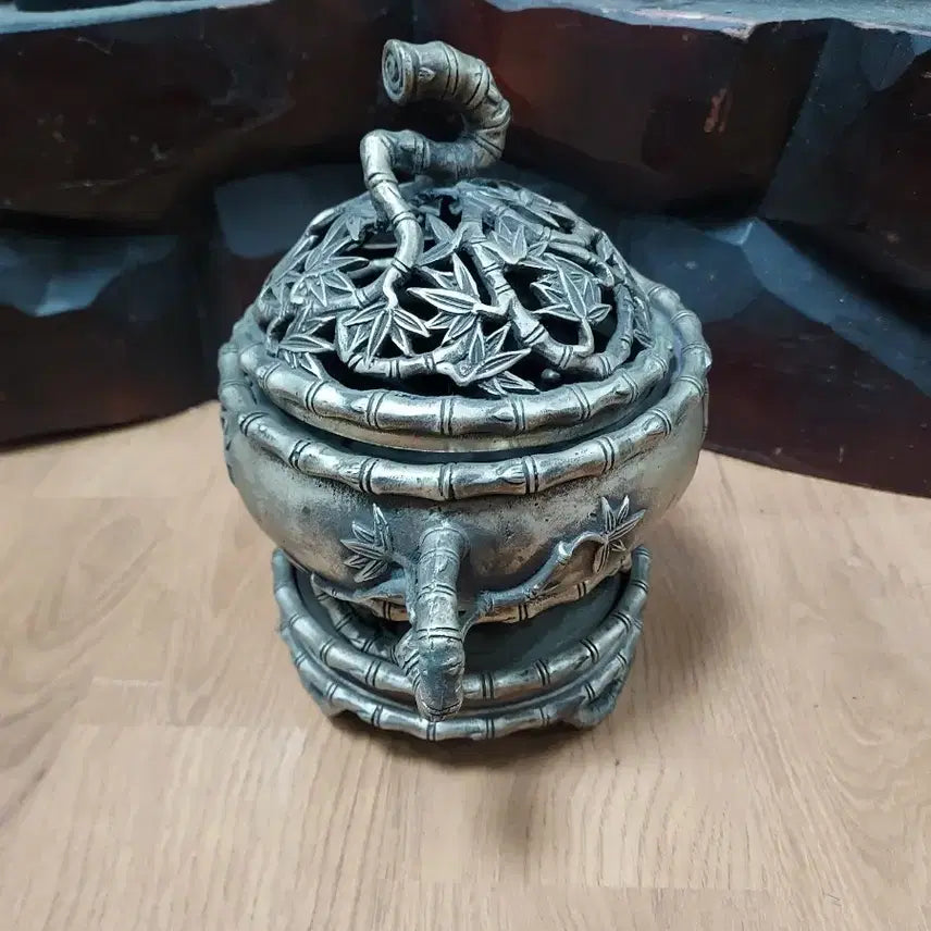[BUNJANG] Antique White Copper "Bamboo Joint" Incense Burner / 백동 죽절문 향로