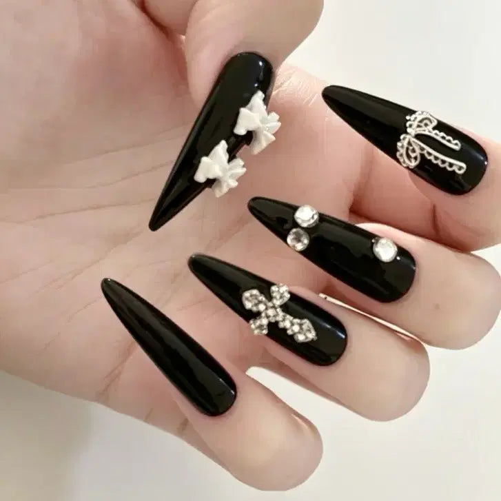 [BUNJANG] Ribbon Black Stiletto Nail Art / 리본 블랙 네일아트