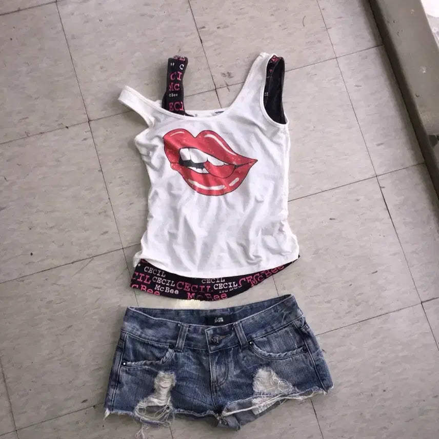 [BUNJANG] Cecil McBee Y2K Sleeveless Tank Top and Hot Pants Set / Cecil McBee 갸루 y2k 슬리브리스 핫팬츠 코디 세트