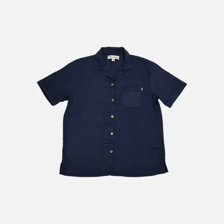 [SOLD OUT] 후아유 린넨 혼방 오픈 카라 반팔 셔츠 네이비