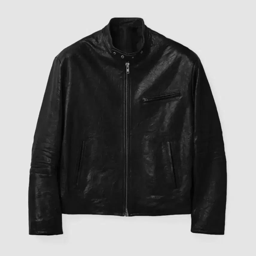 [BUNJANG] Coar Lambskin Embossed Washed Trimming Biker Jacket Black L / (L) 쿠어 램스킨 엠보 워시드 트리밍 바이커 자켓 (블랙)