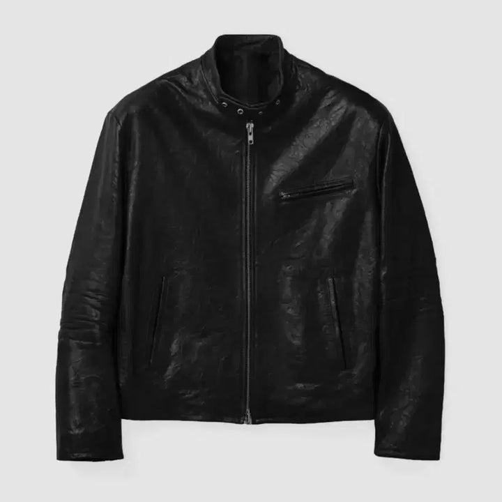 [BUNJANG] Coar Lambskin Embossed Washed Trimming Biker Jacket Black L / (L) 쿠어 램스킨 엠보 워시드 트리밍 바이커 자켓 (블랙)