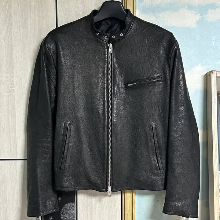 [BUNJANG] Coar Lambskin Embossed Washed Trimming Biker Jacket Black L / (L) 쿠어 램스킨 엠보 워시드 트리밍 바이커 자켓 (블랙)