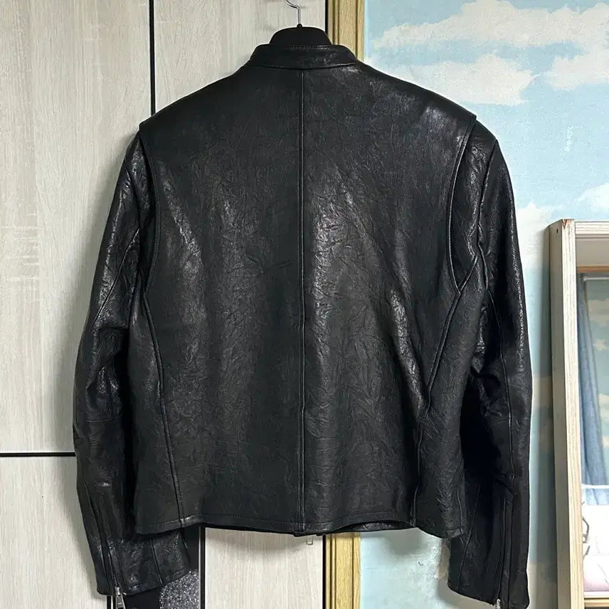 [BUNJANG] Coar Lambskin Embossed Washed Trimming Biker Jacket Black L / (L) 쿠어 램스킨 엠보 워시드 트리밍 바이커 자켓 (블랙)