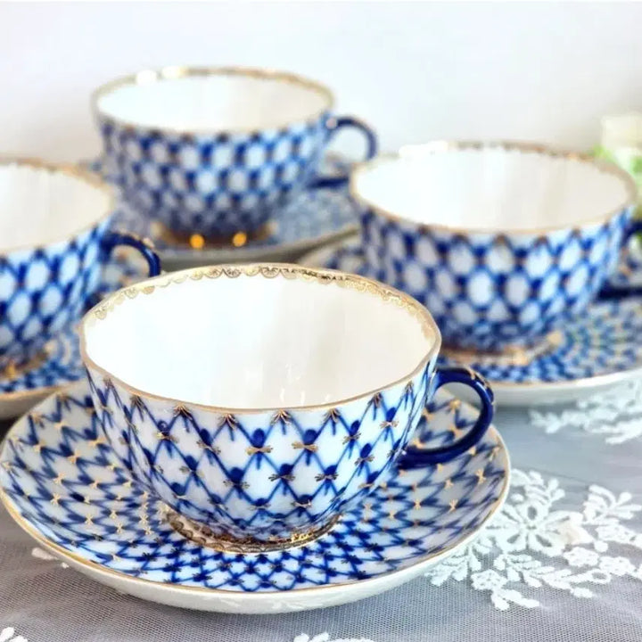 [BUNJANG] Lomonosov Cobalt Net Tea Cup and Saucer Set - Vintage Tulip Russian Imperial Porcelain / 로모노소프 코발트넷 티잔 찻잔 빈티지 튤립잔 그릇 러시아 임페리얼 포슬린