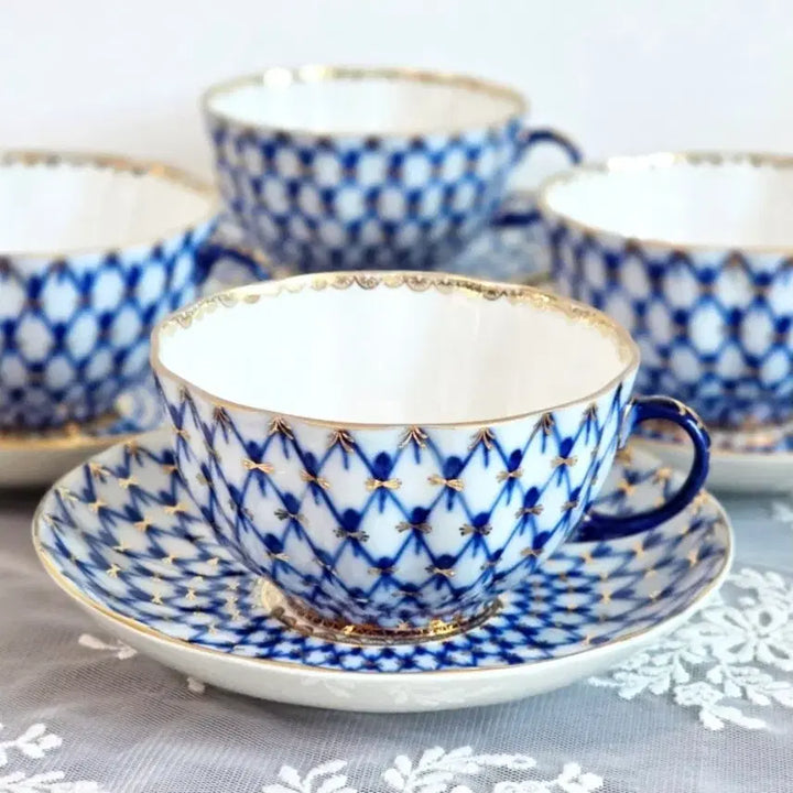 [BUNJANG] Lomonosov Cobalt Net Tea Cup and Saucer Set - Vintage Tulip Russian Imperial Porcelain / 로모노소프 코발트넷 티잔 찻잔 빈티지 튤립잔 그릇 러시아 임페리얼 포슬린