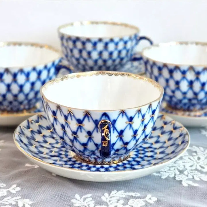 [BUNJANG] Lomonosov Cobalt Net Tea Cup and Saucer Set - Vintage Tulip Russian Imperial Porcelain / 로모노소프 코발트넷 티잔 찻잔 빈티지 튤립잔 그릇 러시아 임페리얼 포슬린