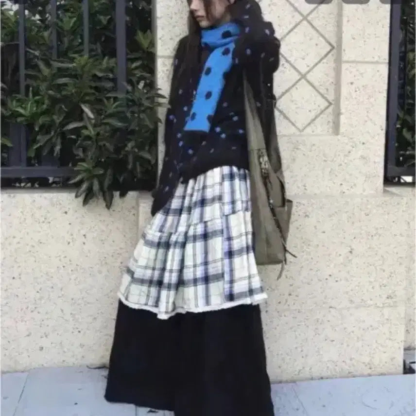 [BUNJANG] Check Pleated Skirt Layered Wide Pants / 체크 플리츠 스커트 레이어드 와이드 팬츠
